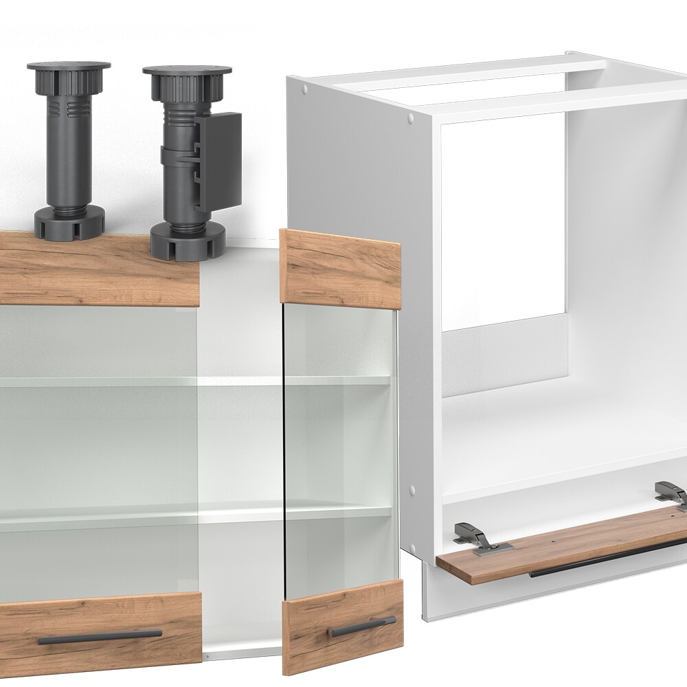 Vicco Eckküche Küchenzeile Einbauküche Fame-Line Weiß Eiche 227x287 cm modern Spülenunterschrank Schubunterschrank Eckunterschrank Herdumbauschrank Hängeschrank Kühlumbauschrank Hängeglasschrank