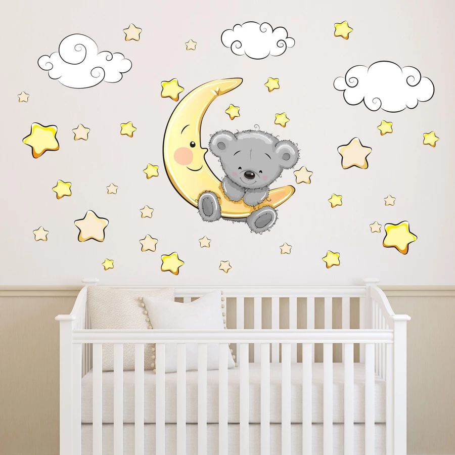 Nikima Wandtattoo 064 Wandtattoo Teddy auf Mond Wolken Sterne schläft gelb