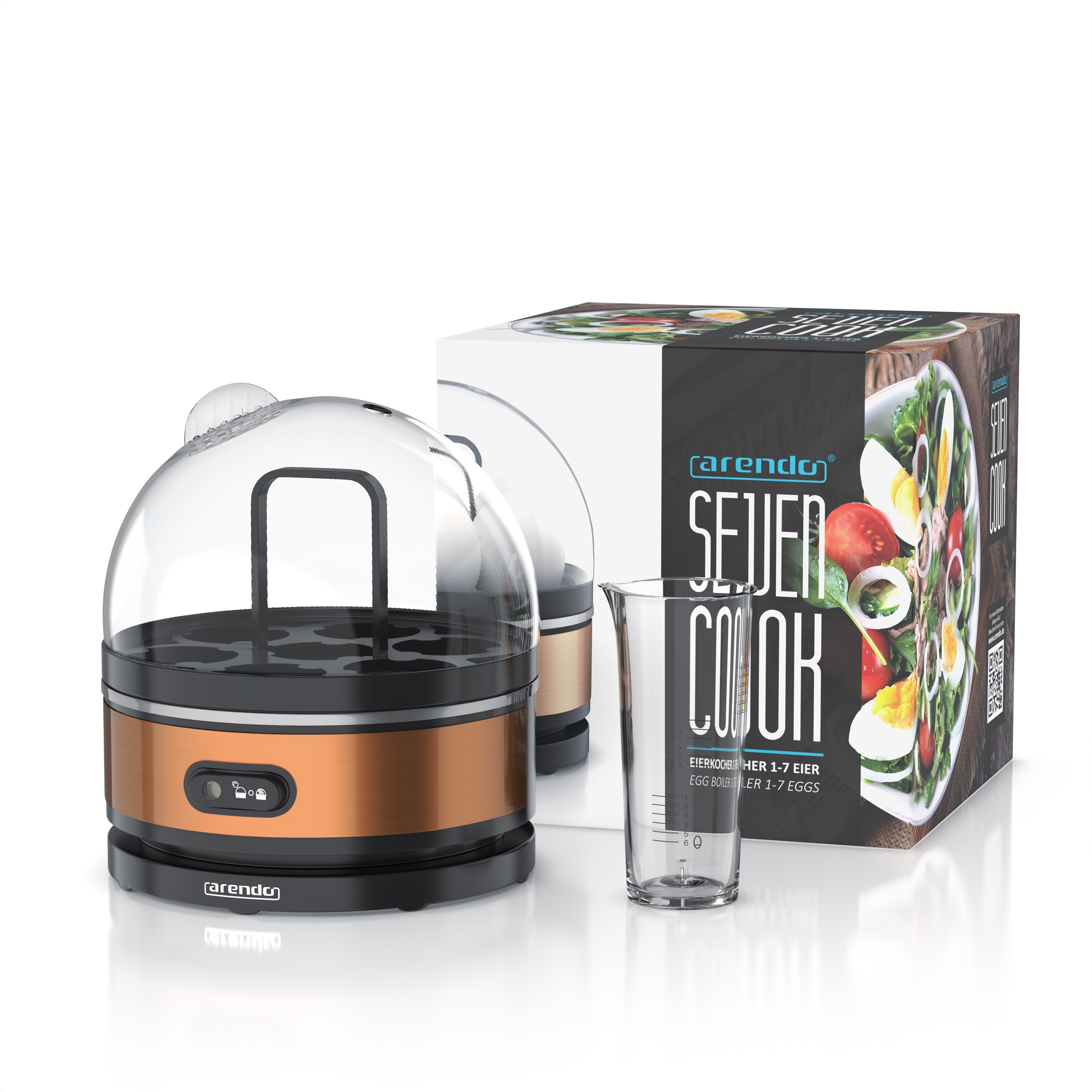 Arendo Eierkocher für 7 Eier, Edelstahl, 400 Watt, Kipp-Funktionsschalter, 3 Härtegrade wählbar, Warmhaltefunktion, Signalton - BPA-frei, Sevencook