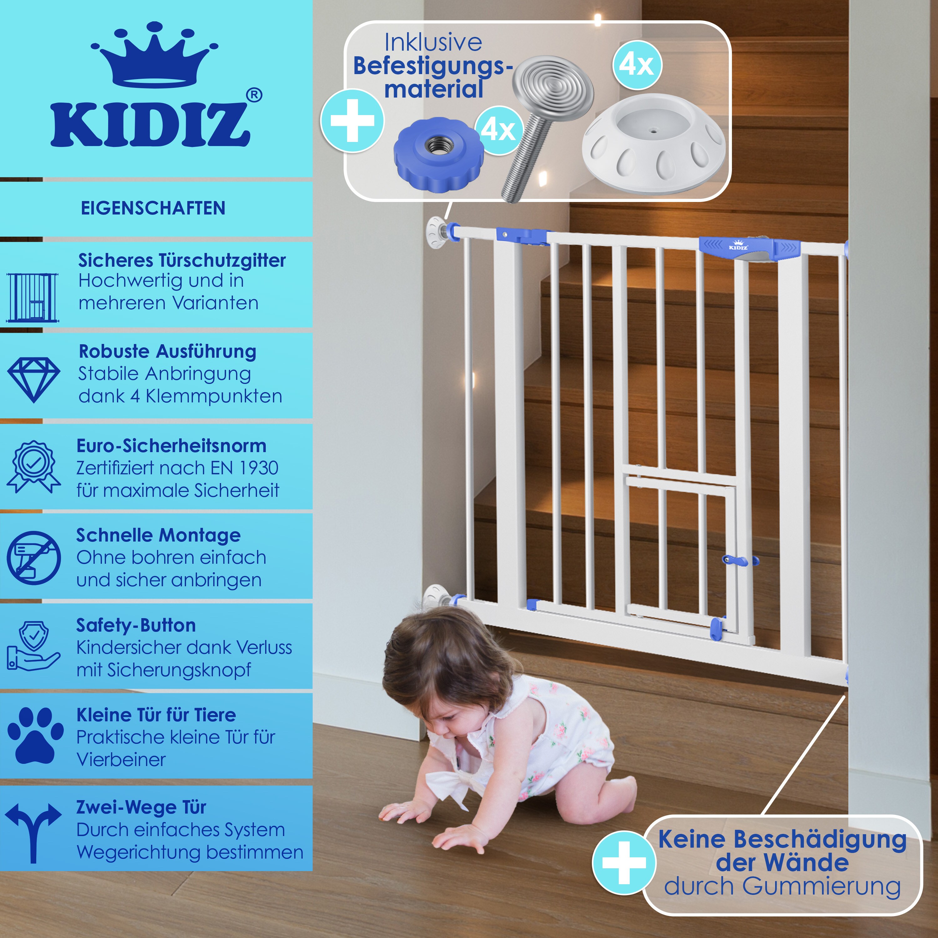 KIDIZ® Türschutzgitter Absperrgitter Treppengitter Kindergitter | mit Türe für Hunde und Katzen , Haustier | ohne Bohren | erweiterbar | kombinierbar mit Y-Spindeln | schwenkbar