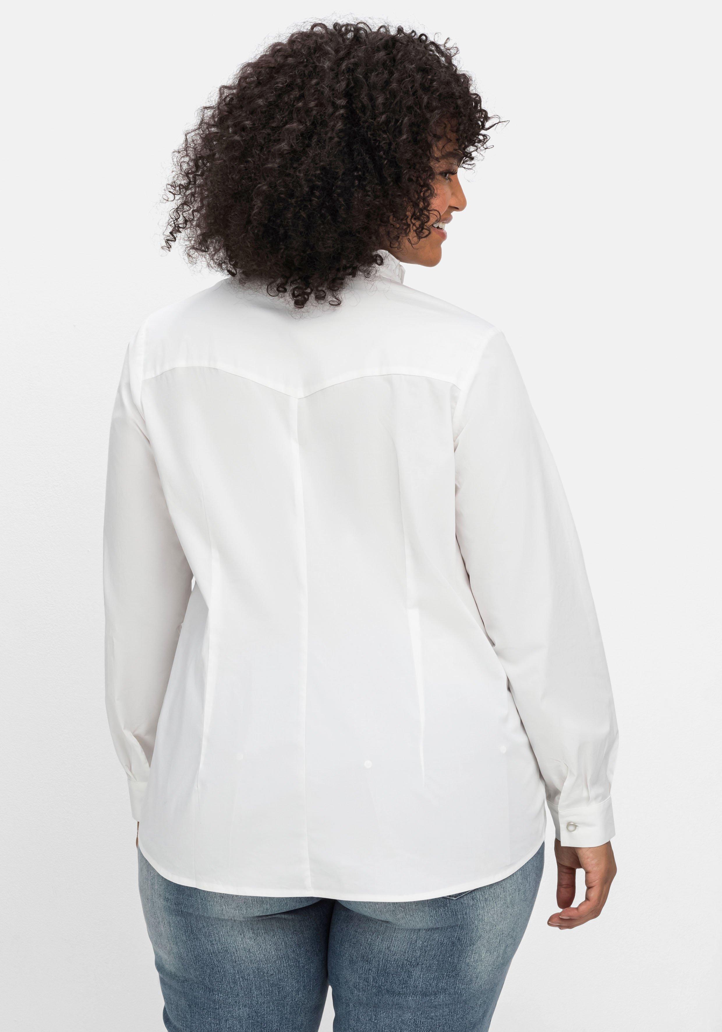 Rüschenbluse mit Stehkragen und Perlmutt-Knöpfen
