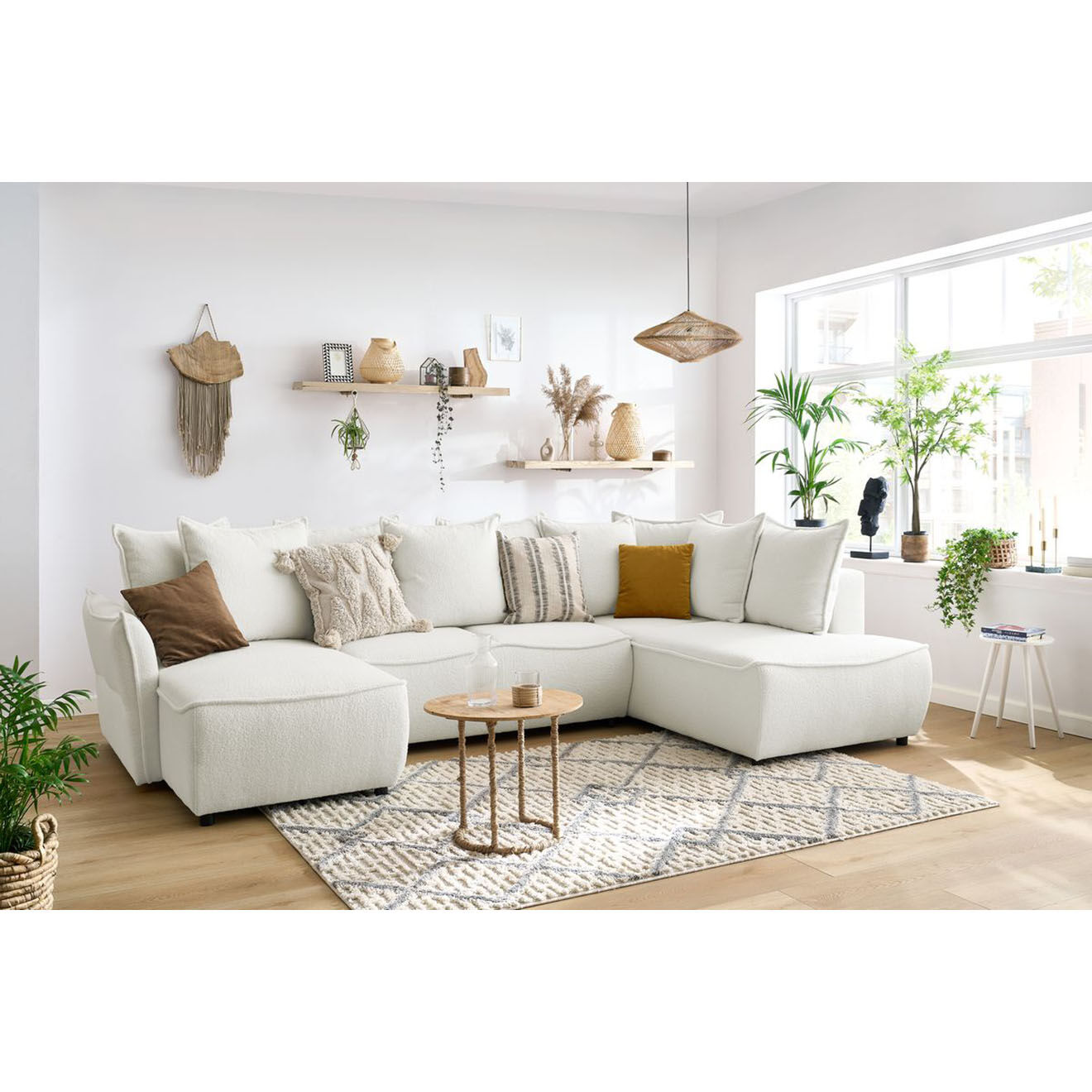 Bobochic Canapé panoramique convertible coffre d'angle gauche bouclette léon blanc - 320x194x90 cm