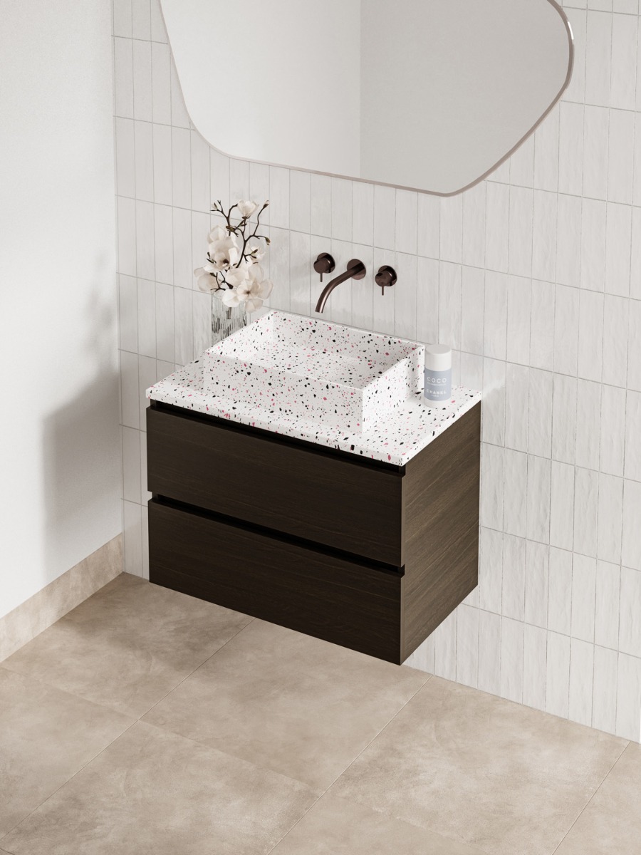 Fontana Terrazzo badmeubel 80cm kasteel bruin met rechthoekige waskom en toppaneel