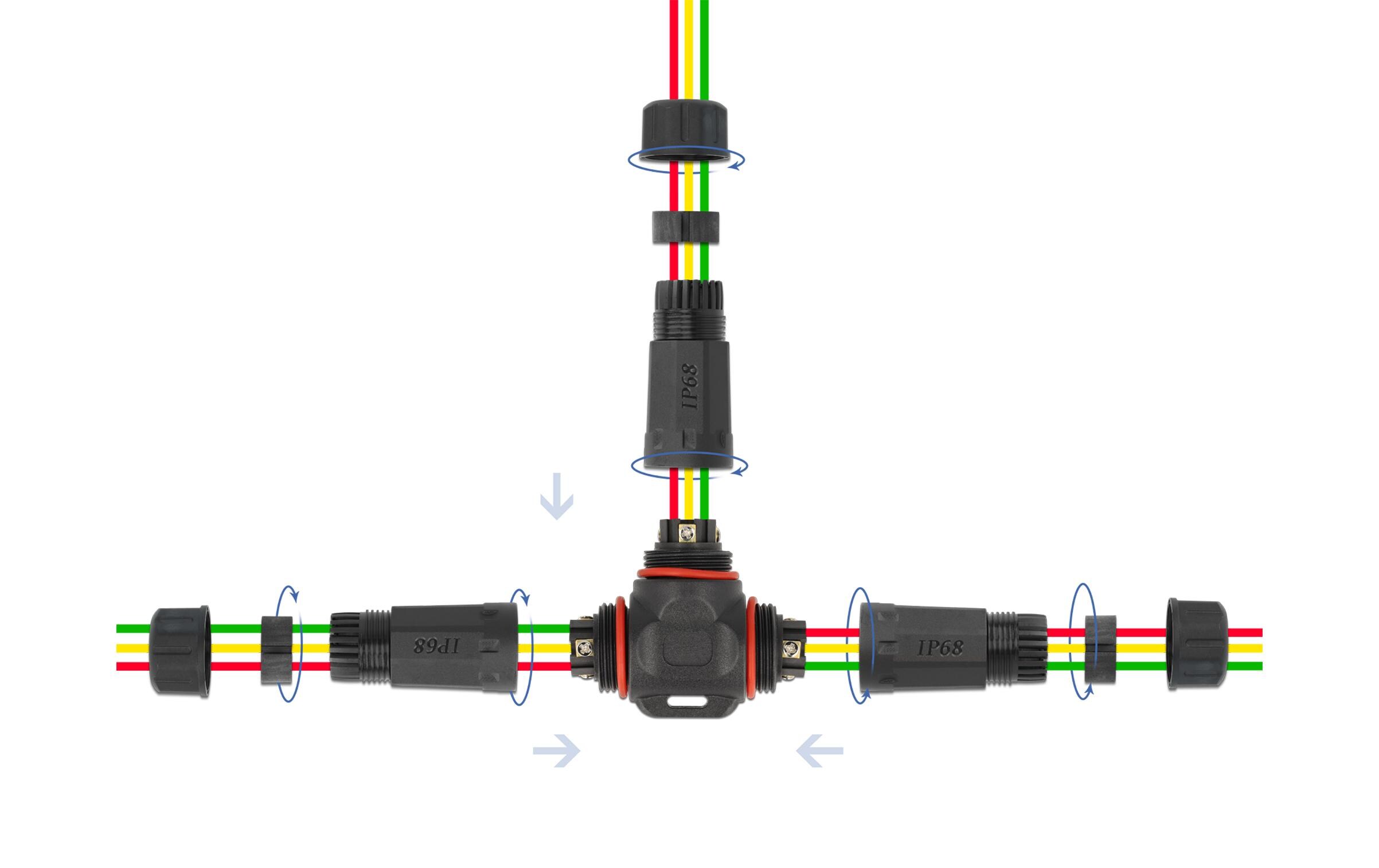 Verbindungsmuffe IP68, T-Stück, 3 Pin, 4.5 - 7.5 mm schwarzDelock Kabelverbinder T-Form für Aussenbereich 3 Pin, IP68 wasserdicht, schraubbar, Kabeldurchmesser 4.5 - 7.5 mm schwarz