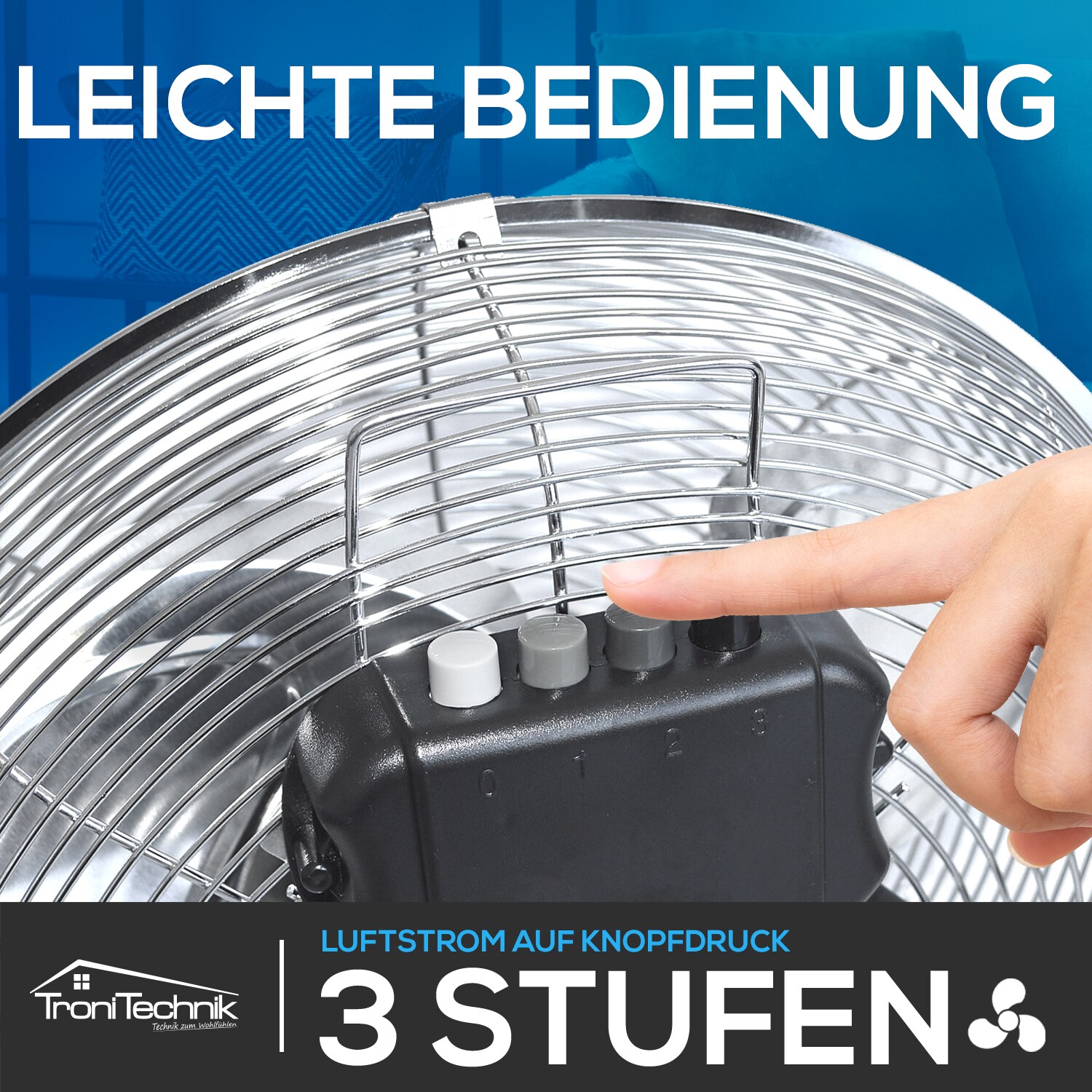 TroniTechnik® Bodenventilator Windmaschine mit drei Geschwindigkeitsstufen 70W, verstellbar ?35cm