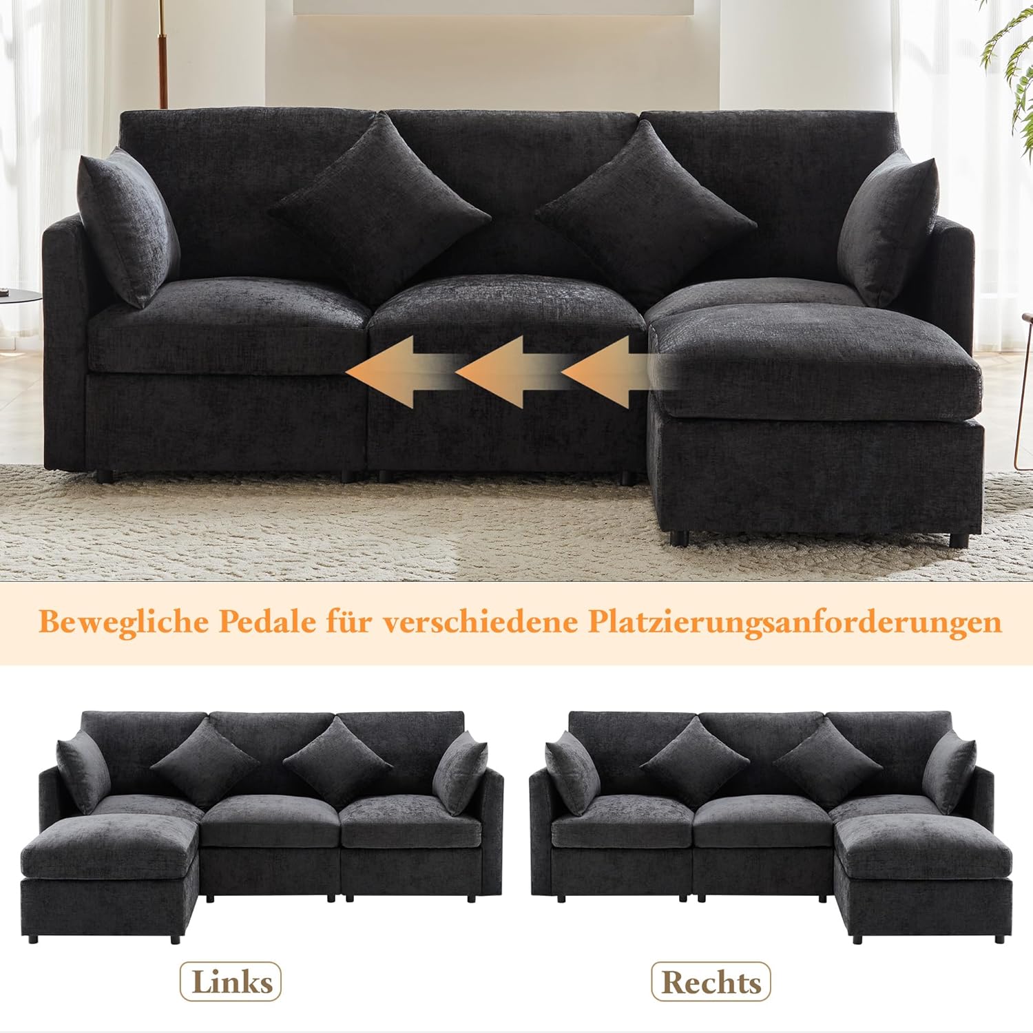 Merax Ecksofa L-Form Modulares 3-Sitzer Sofa mit umwandelbarem Fußhocker, Chenille-Stoff, Premium Komfort, Raumsparend & Wandelbar,Grau