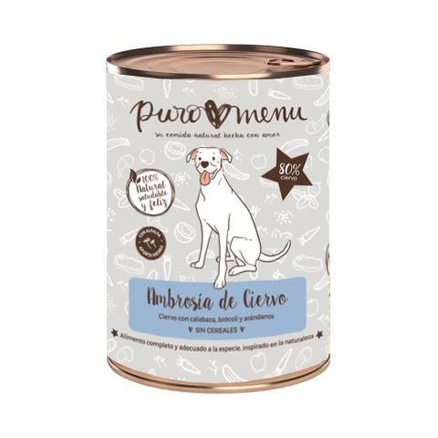 Pacote com 12 latas de ração úmida Puromenu para cães, sabor veado.