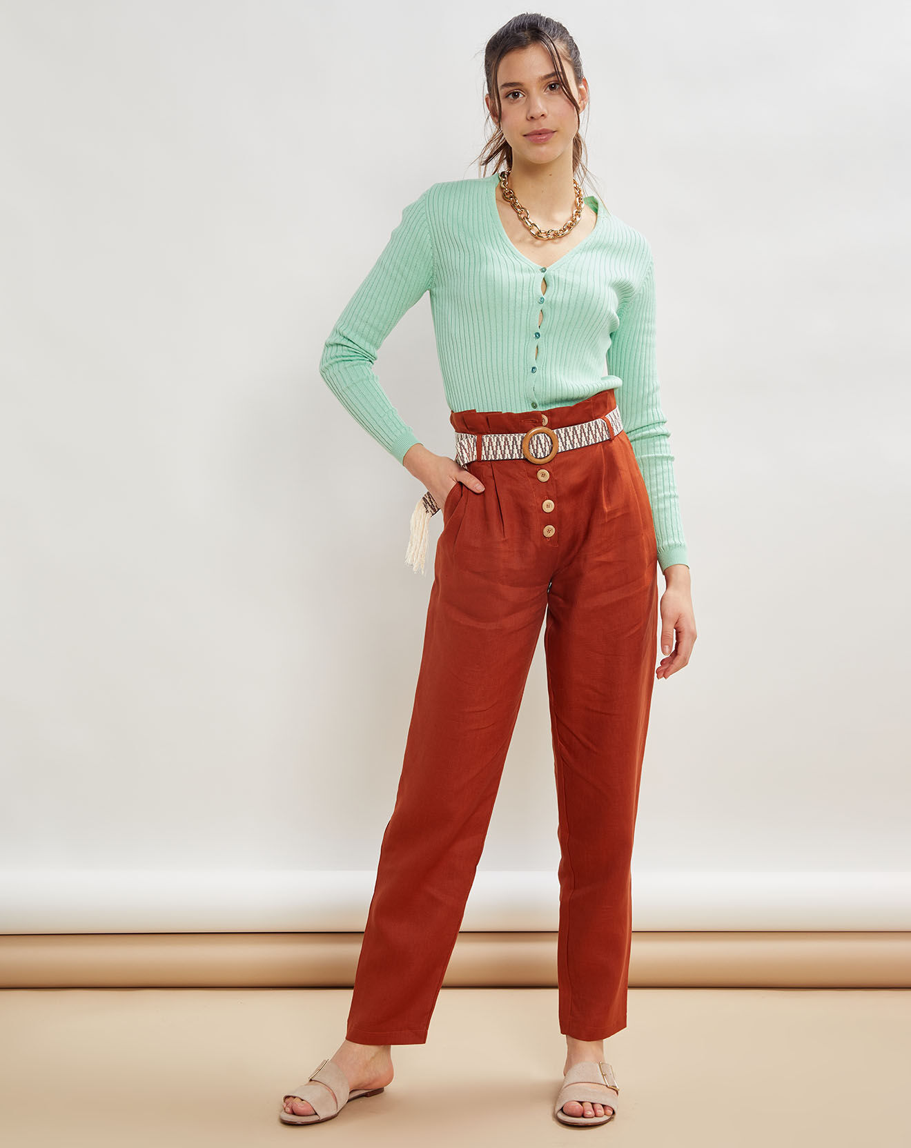 La Petite Francaise Pantalon 100% Lin Peter acajou