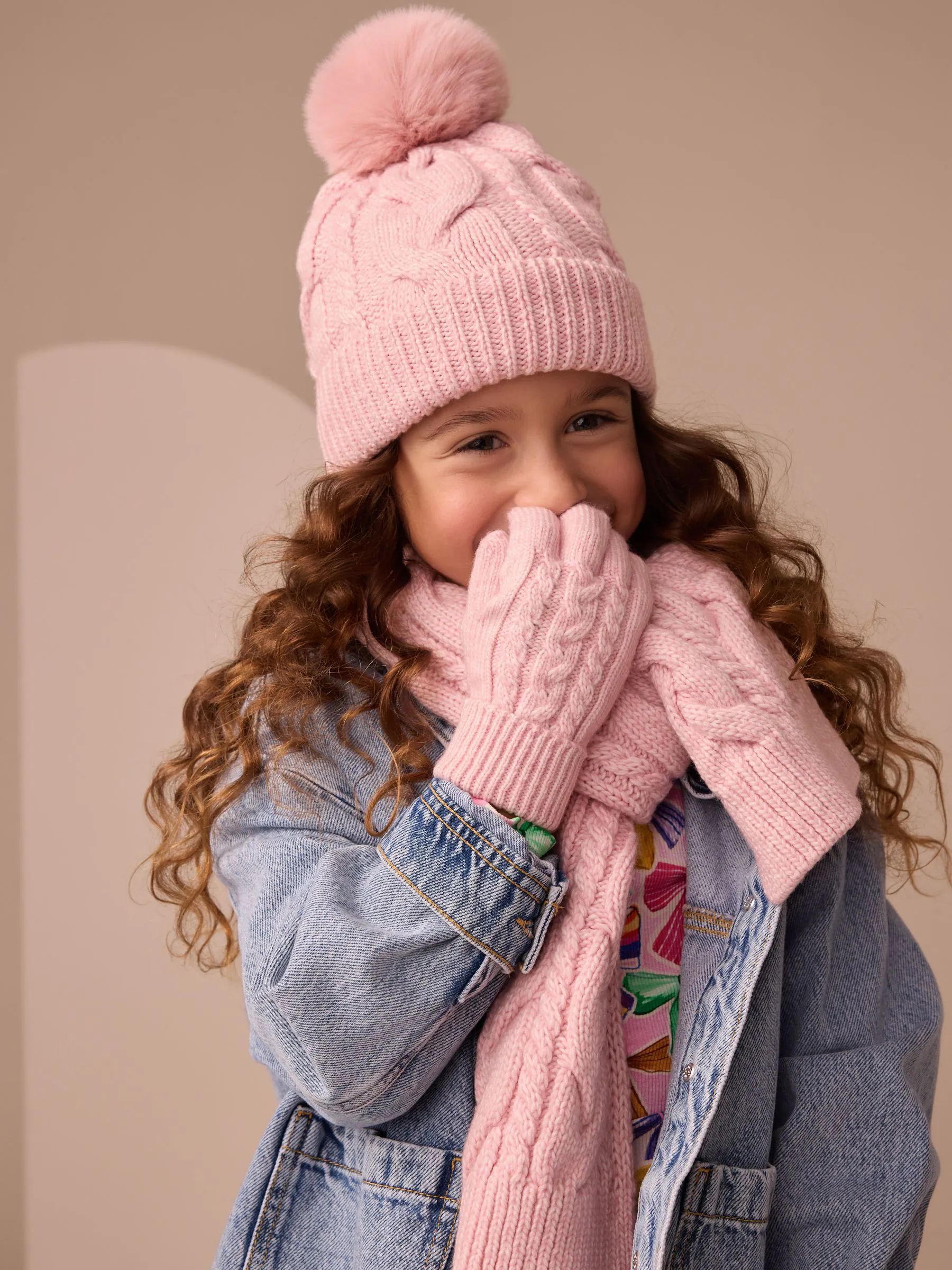 Roze - Kabelmuts, sjaal en handschoenenset (3-16jr)