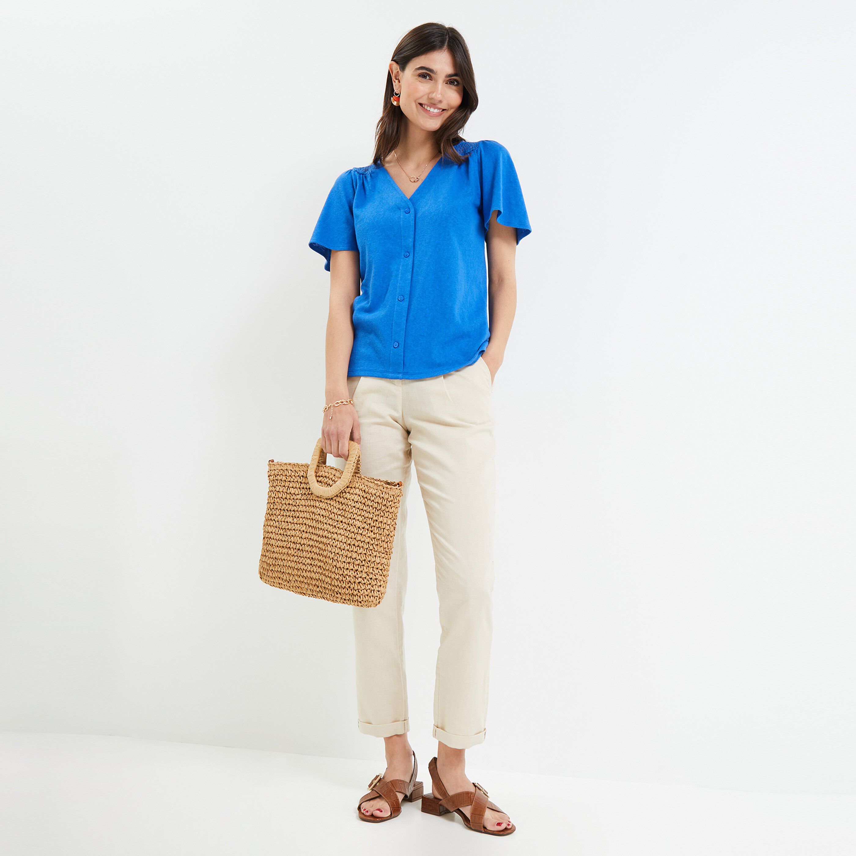 T-shirt manches courtes à smock - BLEU