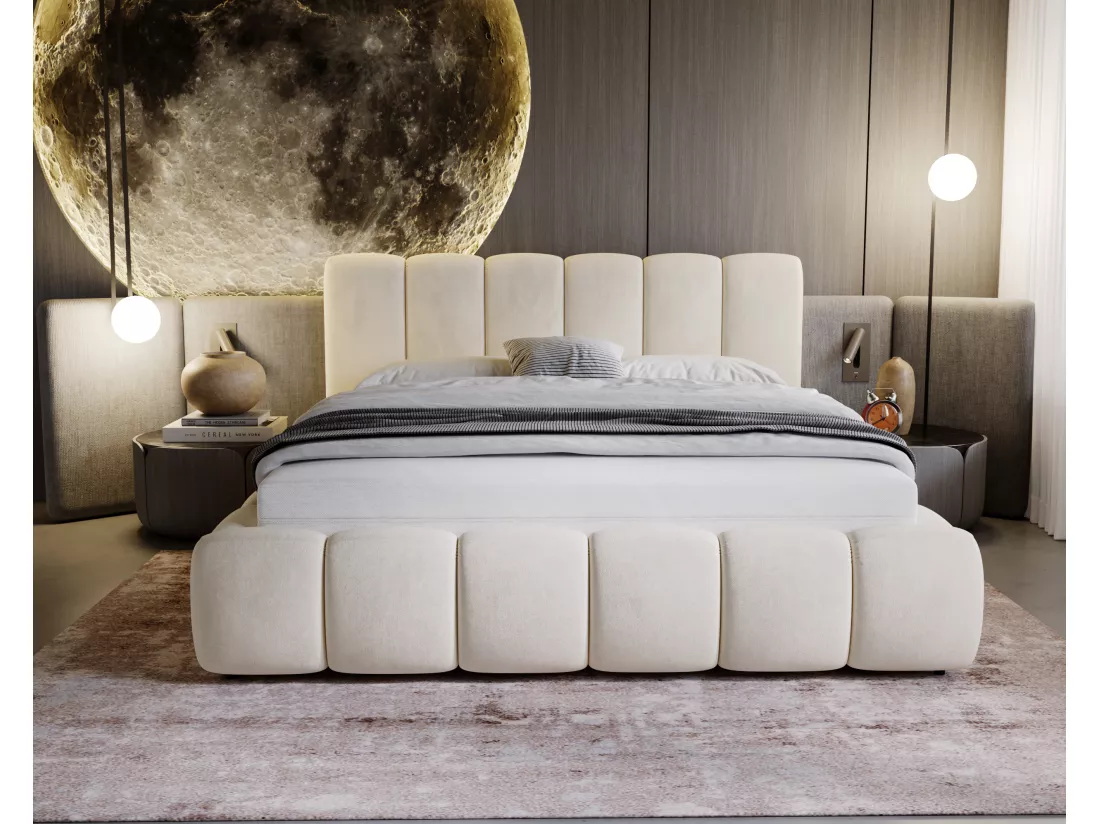 Lit rembourré avec rangement - 160 x 200 - lit double - velours - beige - Cloud