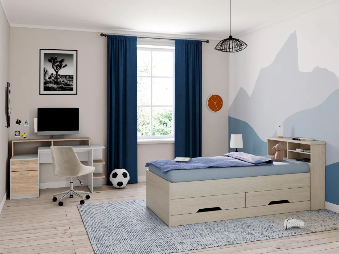 Bureau avec rangements ZACHARIE - Blanc et chêne