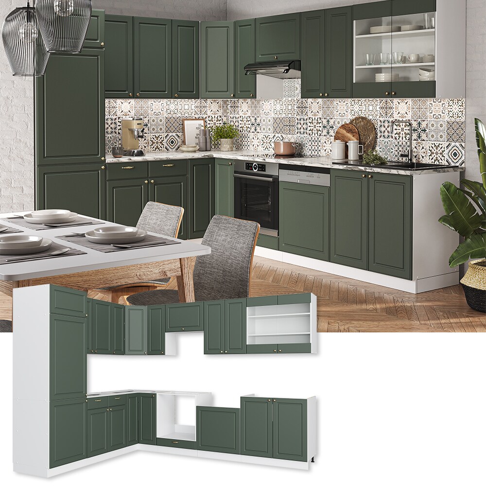 Vicco Eckküche Küchenzeile Einbauküche Fame-Line Landhaus Weiß Grün Gold227x287 cm Spülenunterschrank Schubunterschrank Eckunterschrank Herdumbauschrank Hängeschrank Kühlumbauschrank