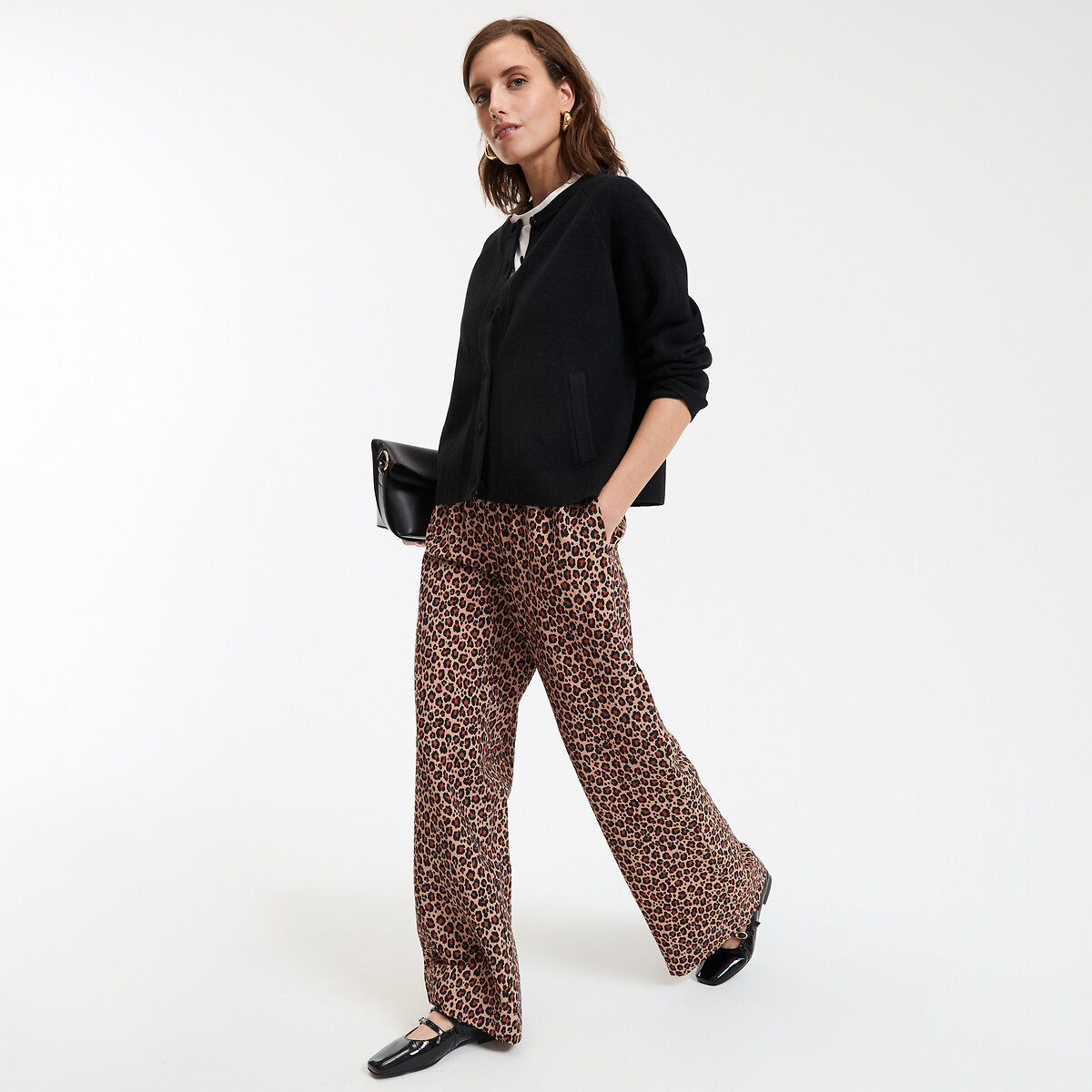 COLEÇÕES LA REDOUTE<br>Calças de perna larga e cintura alta com estampa de leopardo