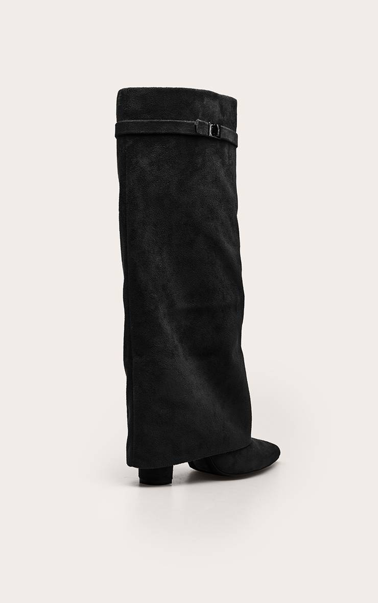 Noir Botte Haute À Talon Bloc En Synthétique À Bout Pointu Avec Revers Au Genou