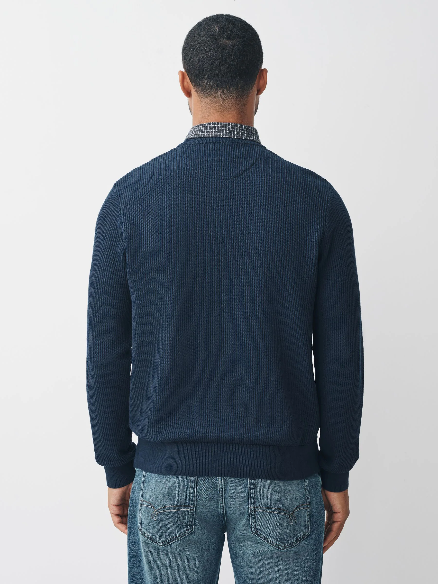 Donkerblauw - Regular fit trui met overhemdkraag
