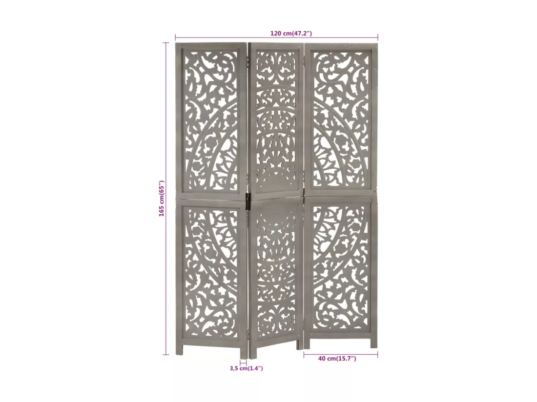 Cloison de séparation 3 panneaux Gris 120x165 cm Bois manguier