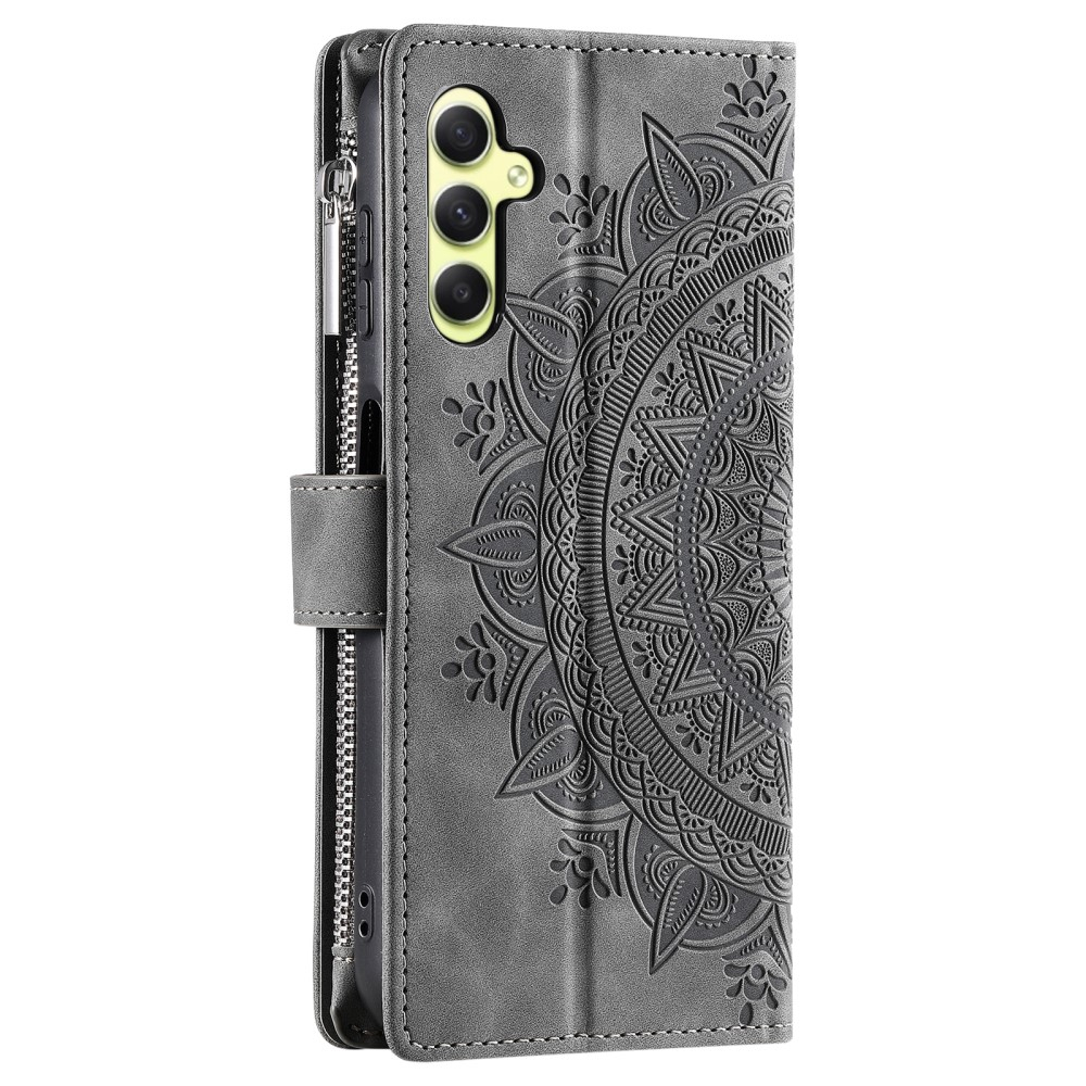 Samsung Galaxy A55 Leder Tasche Flip Cover mit Reissverschluss - Mandala Flowers Imprint - Grau