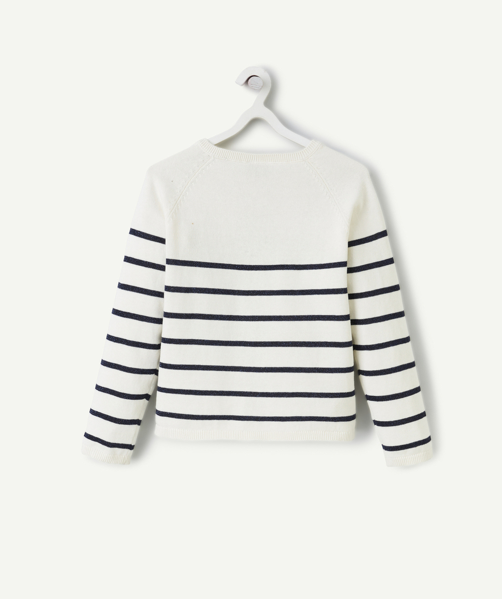 PULL MANCHES LONGUES FILLE ÉCRU À RAYURES BLEUES