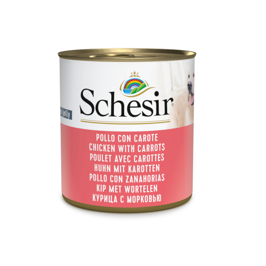 Lata Schesir Adult de 285g com frango e cenouras para cães.