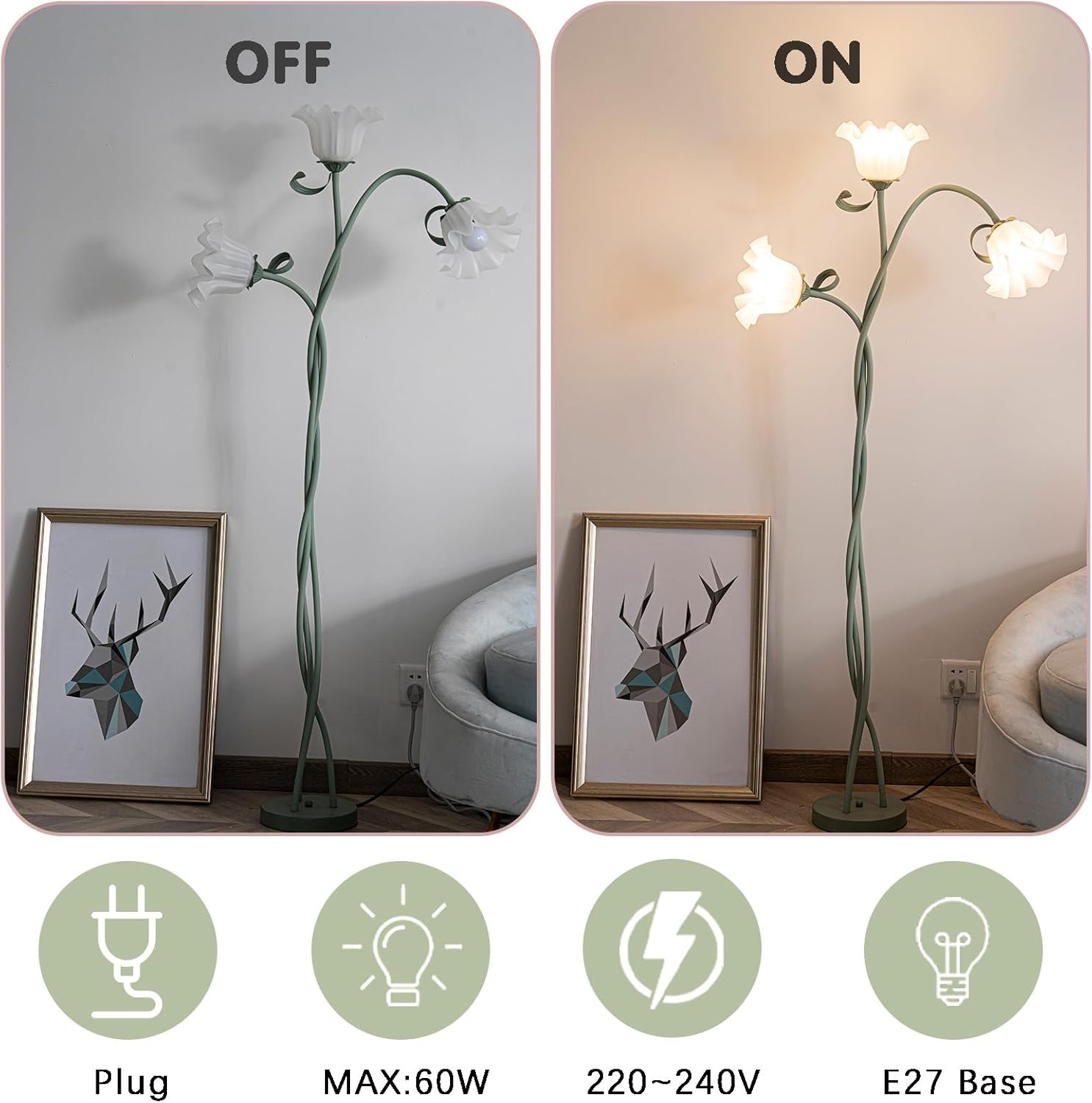 Blumen Stehlampe Wohnzimmer,Schwanenhals DIY Bogenlampe Standleuchte mit 3-Köpfe Rose,Flexibel Stehlampe Dimmbar Leselampe Studie,Modern Standing Floor Lamp für Schlafzimmer,BüRo,170Cm,Grün