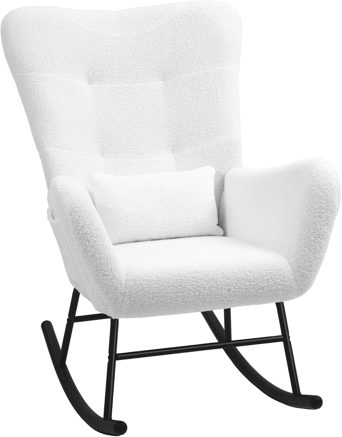 HOMCOM Schaukelstuhl, Schaukelsessel mit Teddystoff-Optik, Armlehne, Stillsessel mit Metallkufen, Lendenkissen, Relaxsessel mit Seitentasche für Wohnzimmer, Schlafzimmer, Weiß