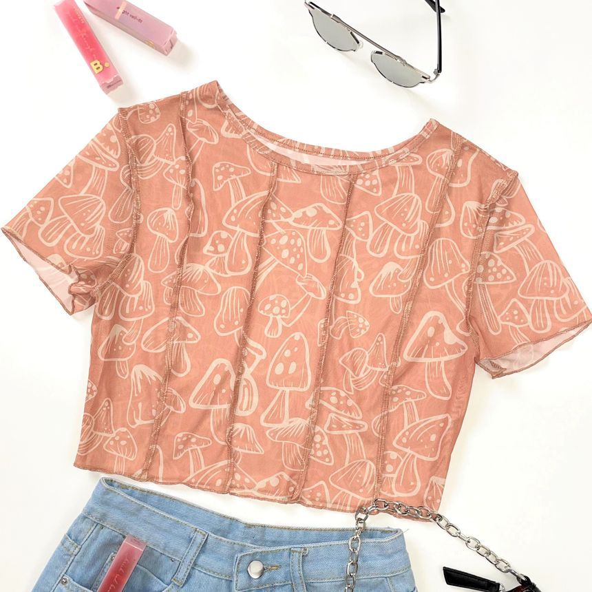 Pandaramma - Crop top met korte mouwen, mesh, ruches en paddenstoelenprint