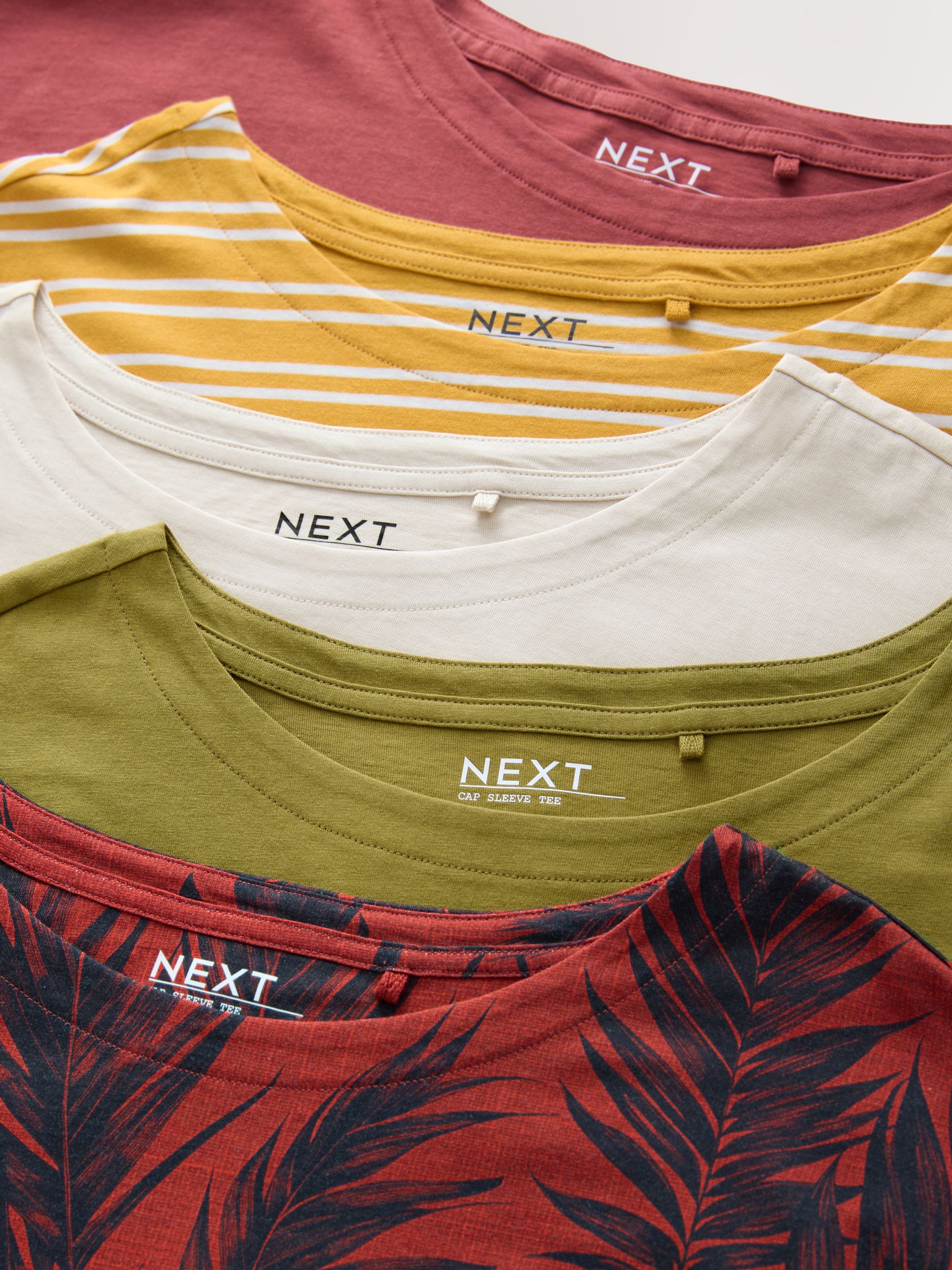 Roze/Groen/Wit/Geel strepen/palmprint - Set van 5 T-shirts met kapmouwtjes