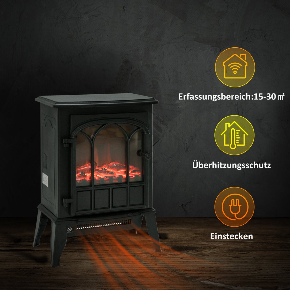 HOMCOM Elektrische haard met LED-vlameffect, 2000W, met hittebescherming voor woonkamer, slaapkamer, 39L x 23B x 56,5H cm, metaal, zwart