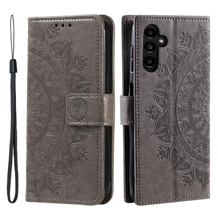 Samsung Galaxy A56 Leder Tasche Wallet - Mandala Flowers Imprint - Grau