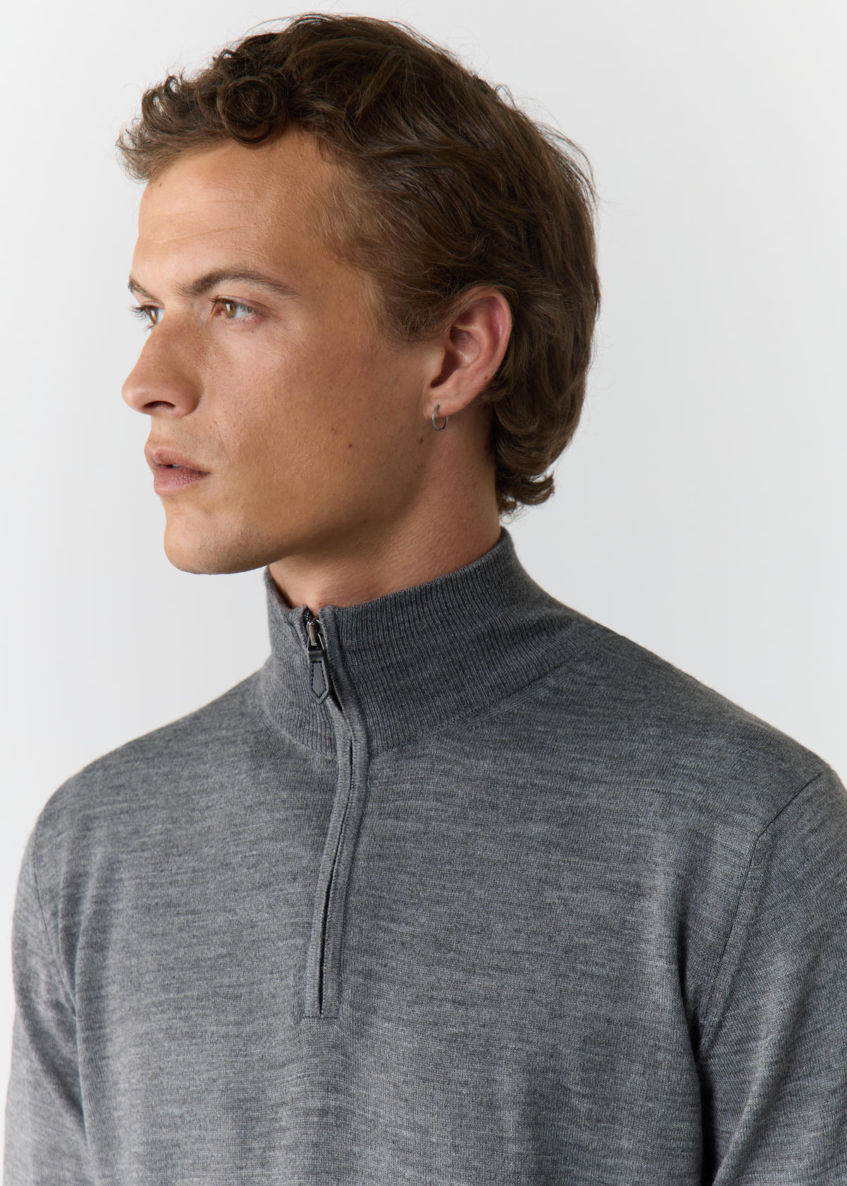 Pull col montant zippé en laine Mérinos mélangée unie gris clair