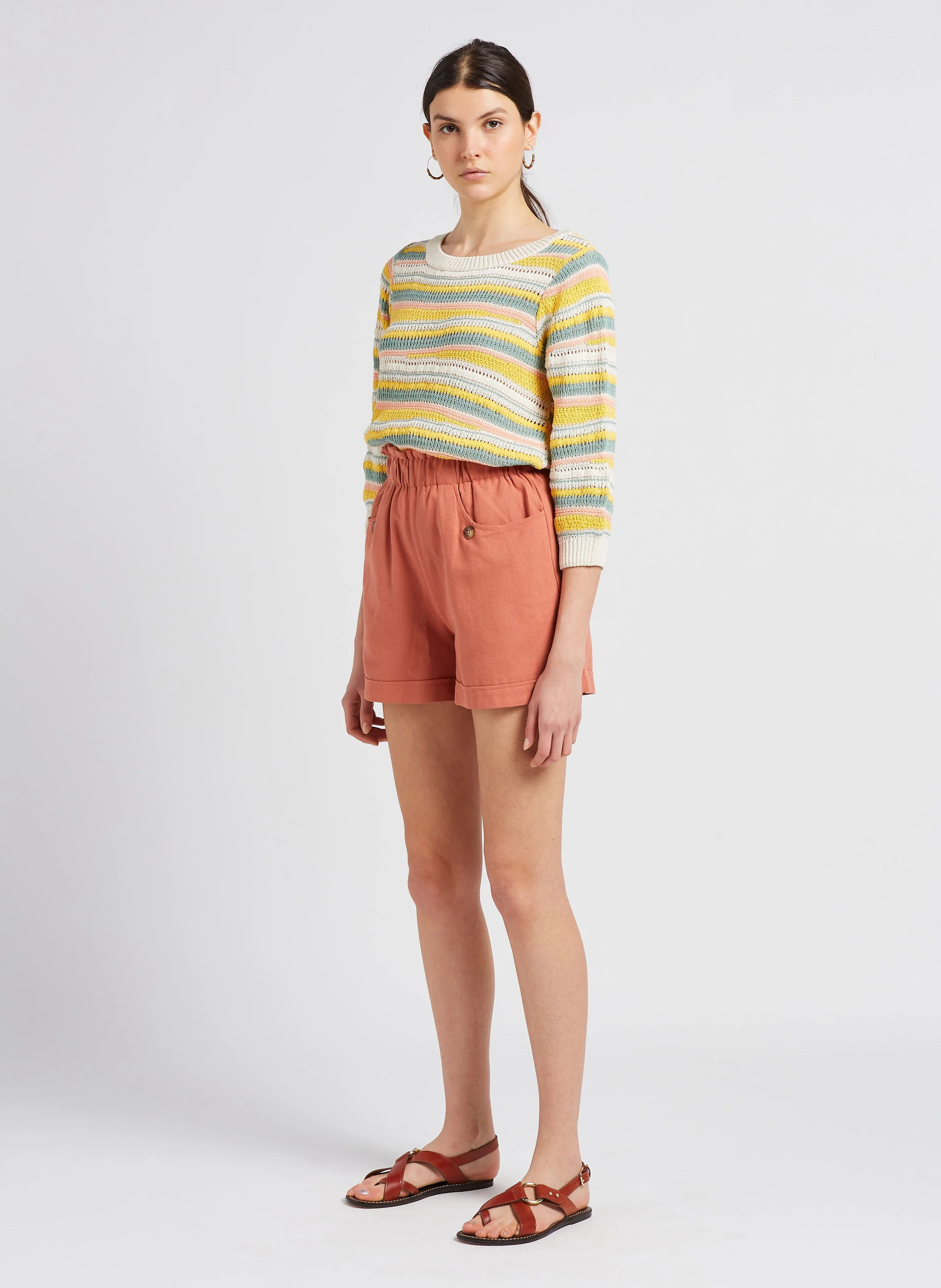 VILULIA - Pull col rond rayé en coton mélangé | Beige