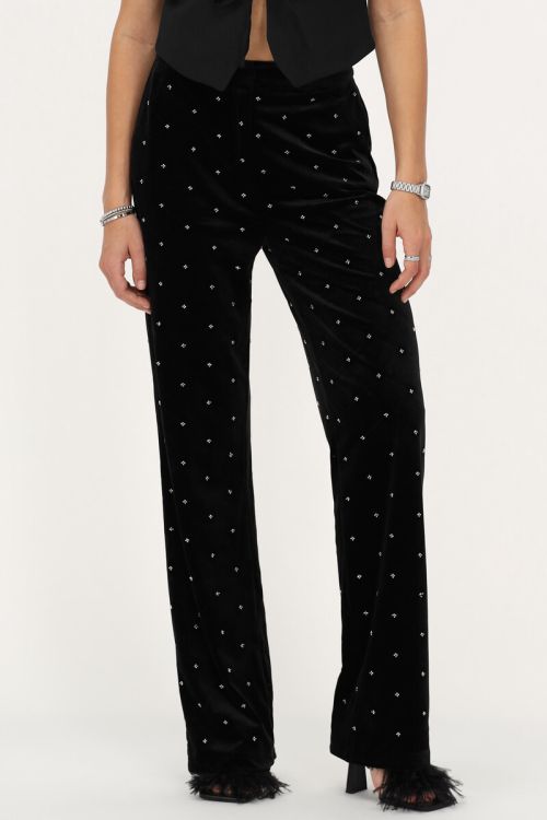 Zwarte velvet pantalon met kraaltjes