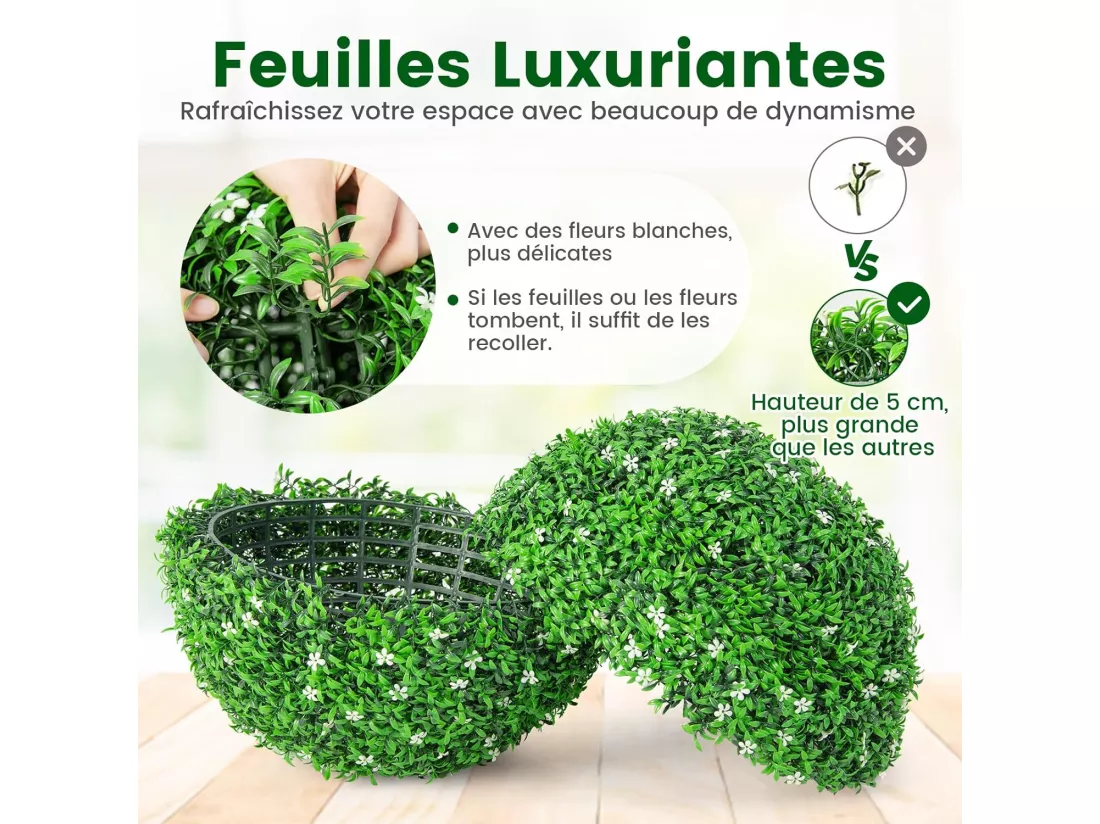 2 Boules de Houx Artificielles 49 cm Résistantes aux UV, Plantes en Boules de Buis avec Fleurs Blanches, Décoratives pour Intérieur Extérieur de Porche Balcon Jardin