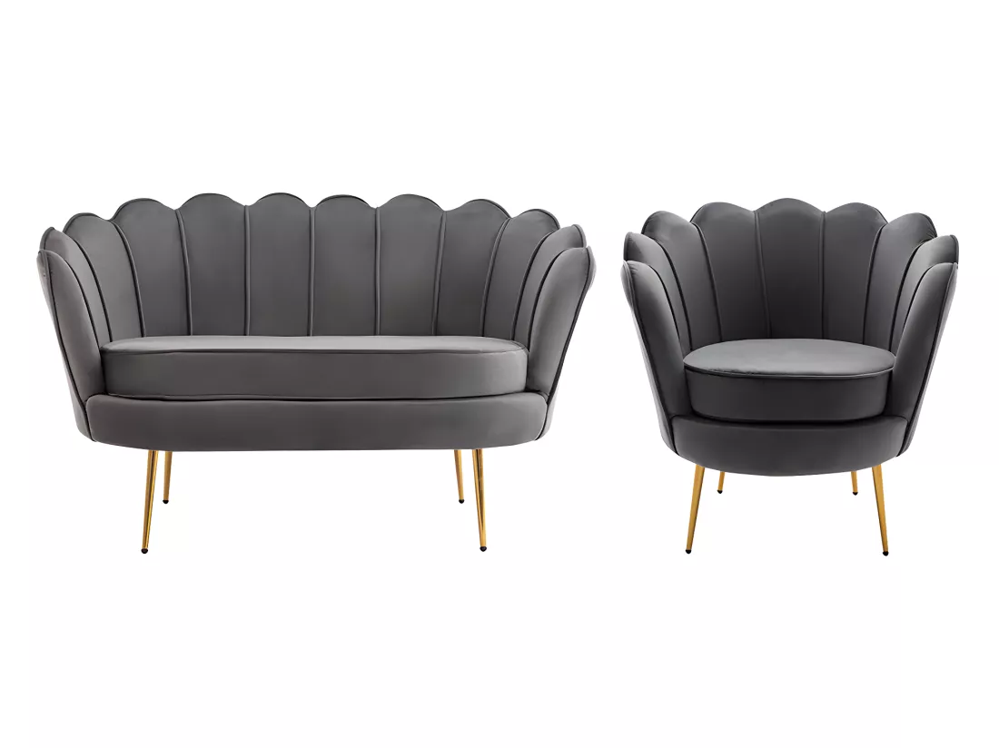Canapé 2 places et fauteuil coquillage en velours anthracite DANDELION de Pascal Morabito
