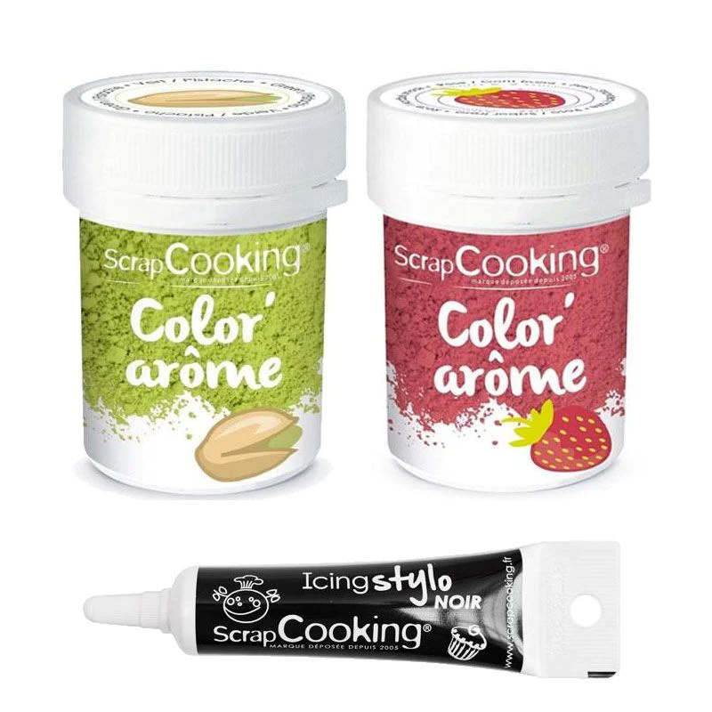 2 colorants alimentaires fraise & pistache + Stylo glaçage noir Scrapc