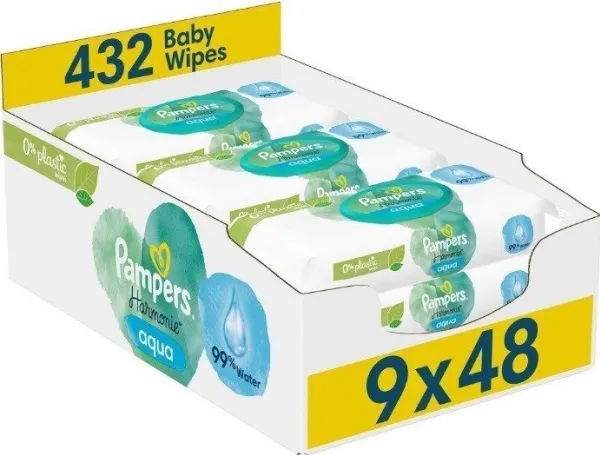 Pampers Harmonie Aqua vådservietter 0% plast 9x48 stk.