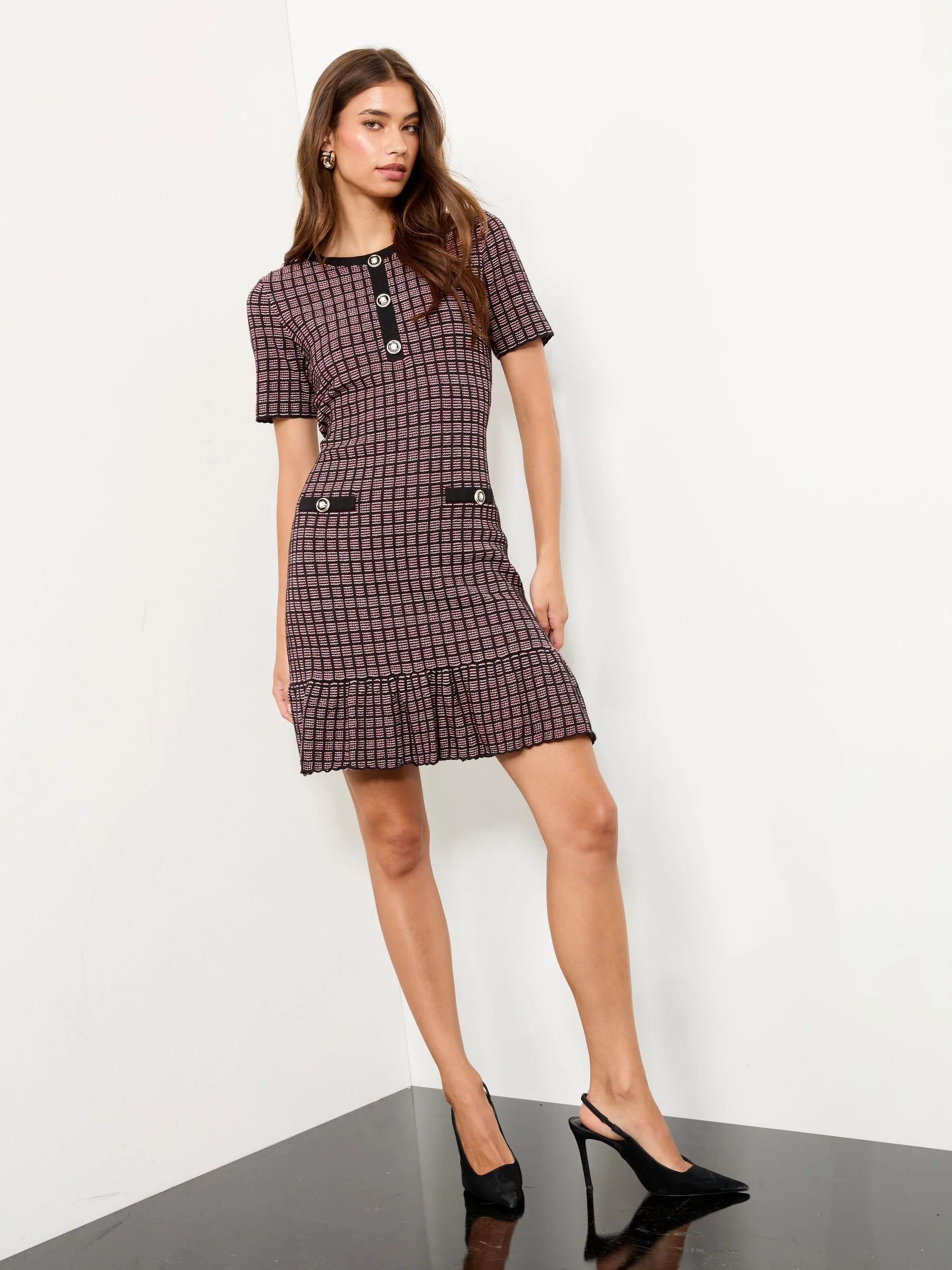 Rood/zwart - Lipsy Bow Check Boucle Mini Fit and Flare Dress