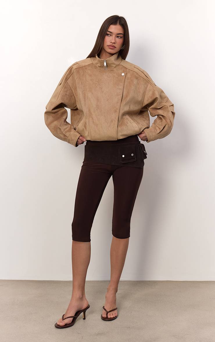 Veste De Motard En Daim Souple Avec Col Montant Et Ceinture Basse