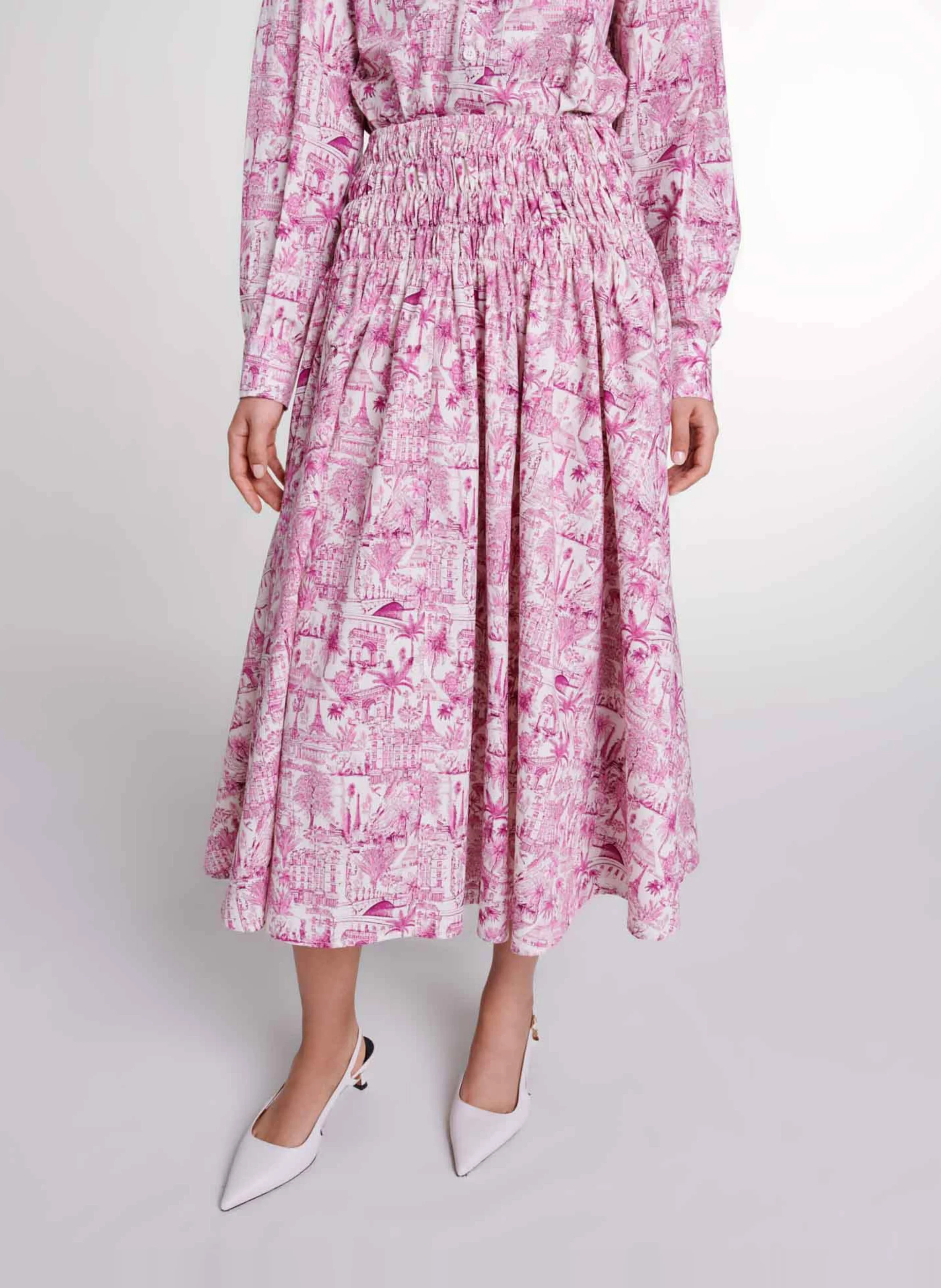 Jupe midi taille haute imprimée en coton | Rose
