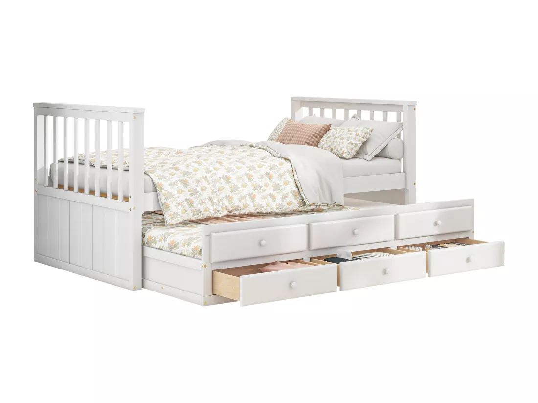 Lit gigogne 90 x 200 cm + 90 x 190 cm avec 3 tiroirs - Bois massif + MDF - Sommier à lattes - Blanc (sans matelas)
