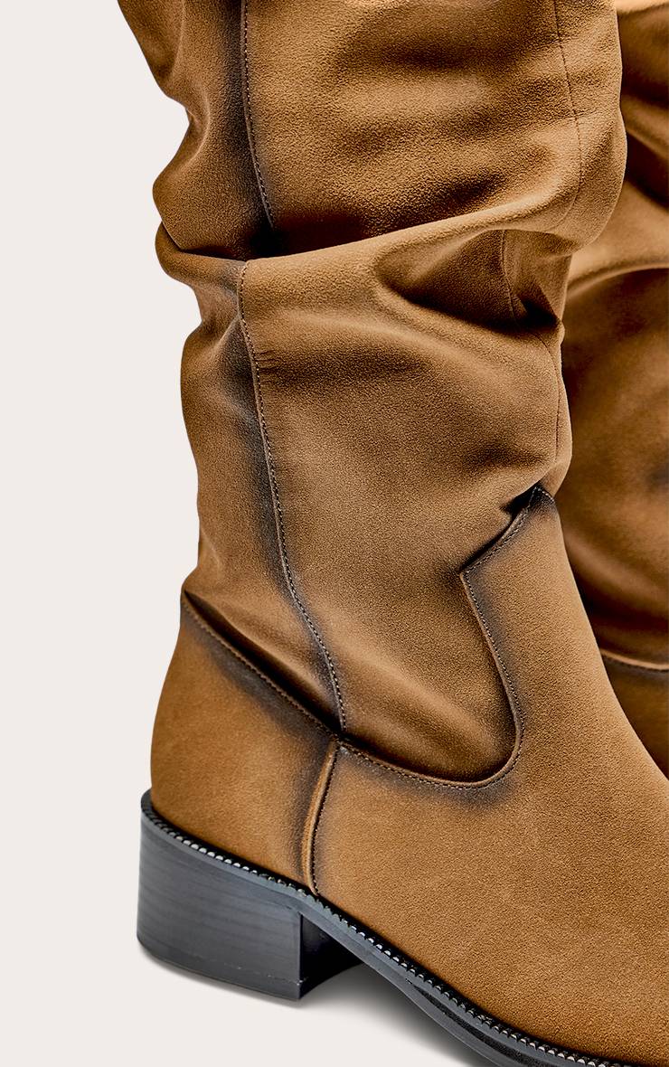 Marron Bottes Hautes Plissées À Talon Bas En Synthétique