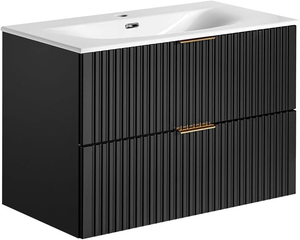 Lomadox Waschtischunterschrank mit Waschbecken 80cm ADELAIDE-56 in matt schwarz mit gerillter Front, B/H/T ca. 81/58,5/46 cm