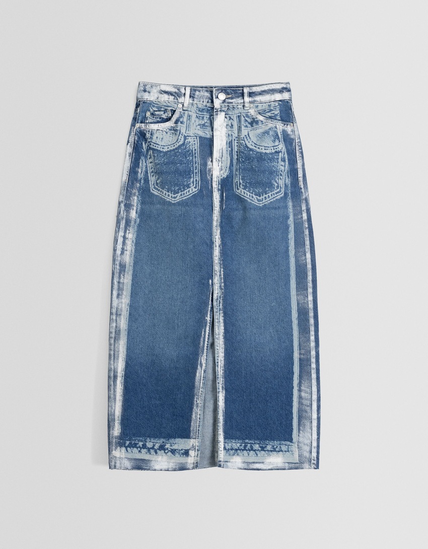 Saia midi jeans com estampa metálica