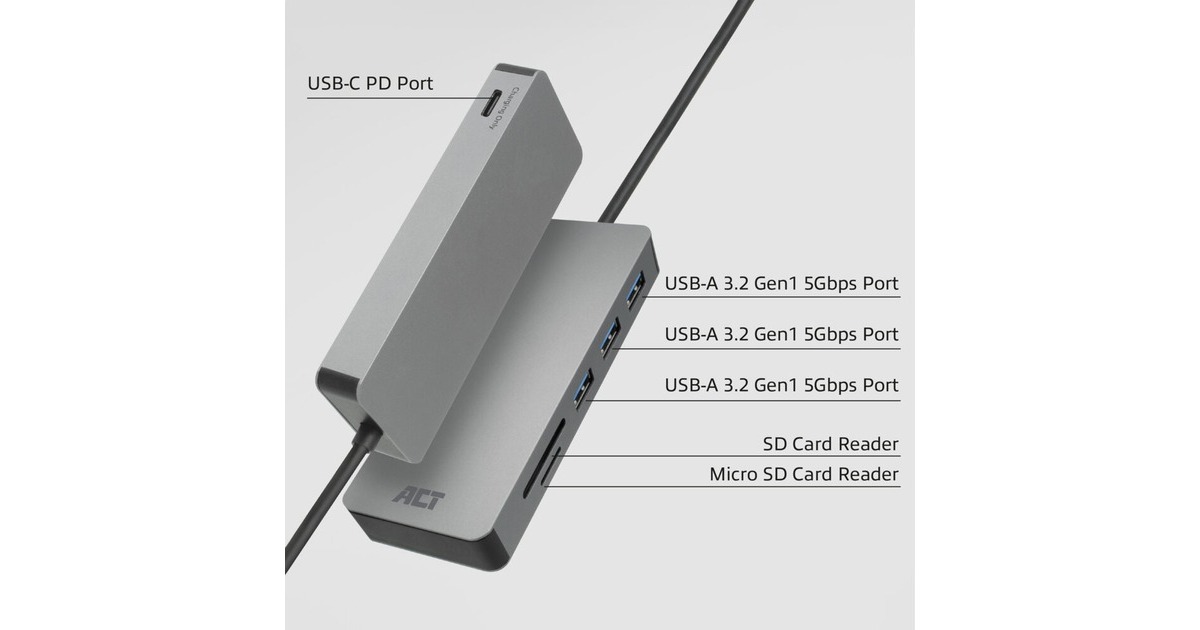 ACT ConnectivityUSB-C hub 3.0, 3x USB-A, cardreader, PD pass-through dockingstation  (Grijs)