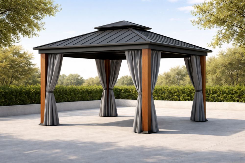Pavillon aus Aluminium mit Holzoptik und Doppeldach 3x3×3 Meter