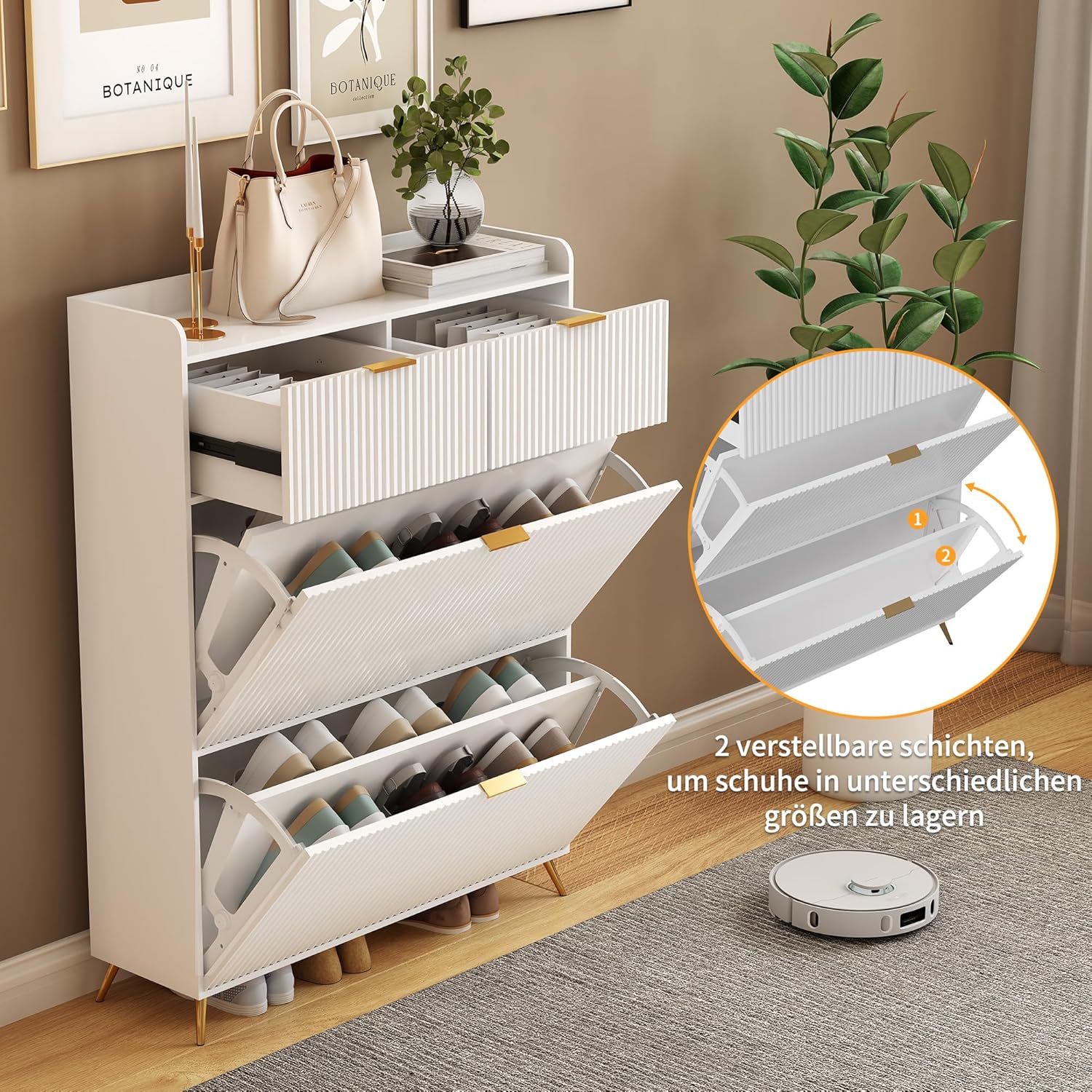 Schuhschrank mit 2 Klappen und Ablagefach, Schuhkipper Schmal mit Ablageflächen Verstellbar, Schuhkommode, für 10-20 Paar Schuhe, Schuhregal für Eingang,Flur,80x24x118.5cm (Weiß-A, 80x24x110cm)