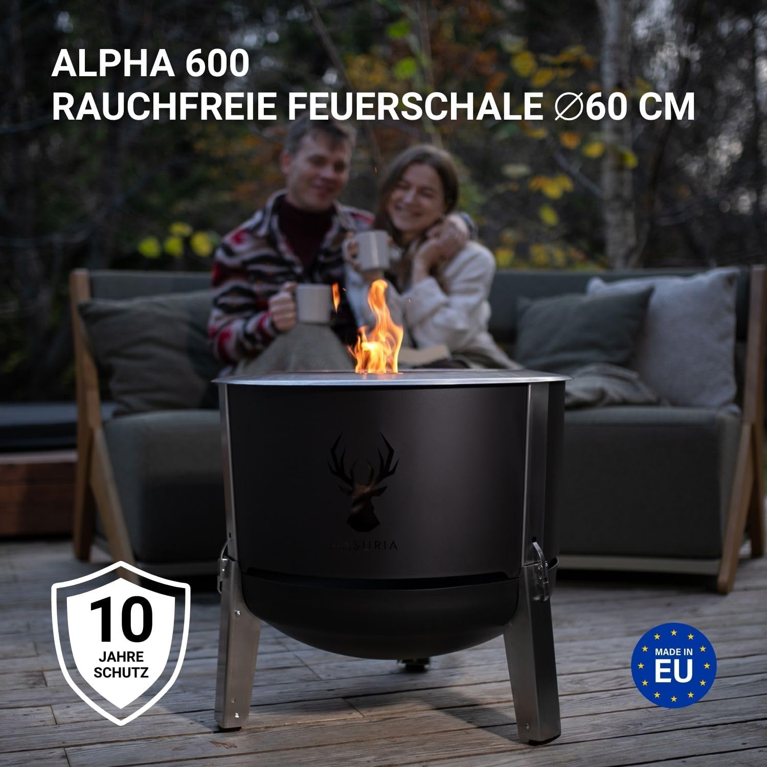 Masuria Rauchfreie Feuerschale 60cm⌀ Alpha 600 - Patentierte Rauchreduzierung bis zu 95% - Hergestellt in EU - Tragbare Feuertonne aus Edelstahl - Verstellbare Beine - große Ascheschublade - Corten