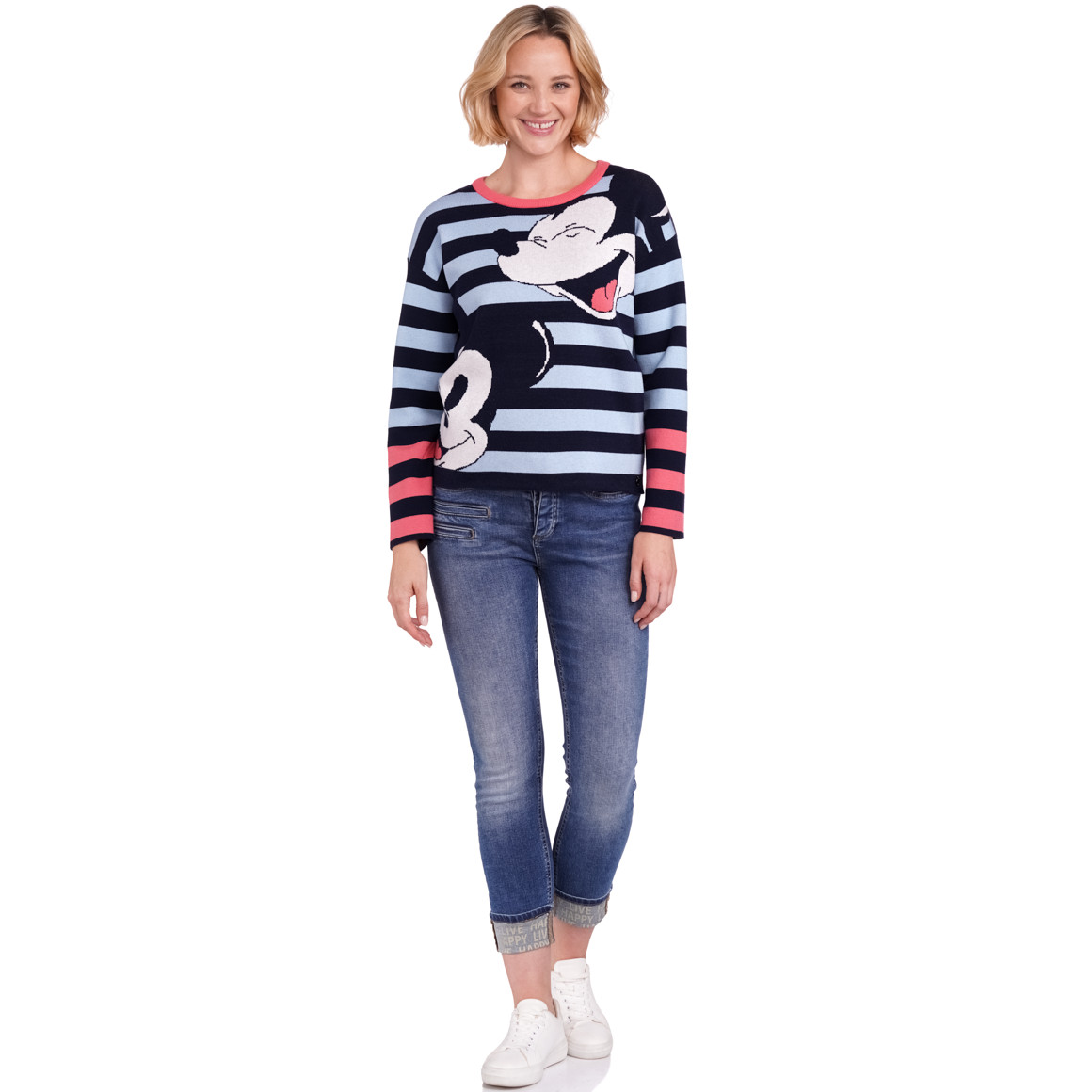 Gina Benotti Micky Maus Strickpullover mit Streifen hellblau / dunkelblau / hellrot