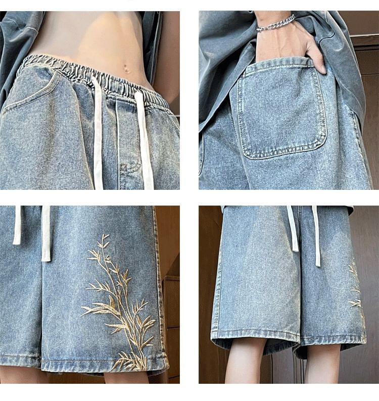 Hushgrain - Geborduurde gewassen denim shorts met trekkoordtaille